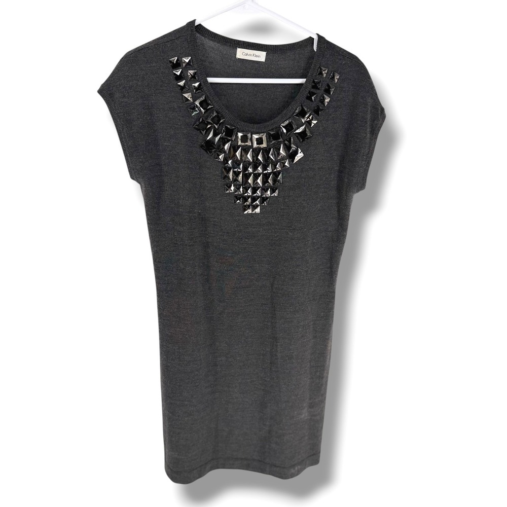 Calvin Klein Womens Gray Studded Bib Neck Knit Tunic Top Short Sleeve Cap Sleeve